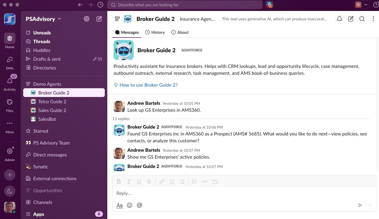 Broker Guide looking up the GS Enterprises account in AMS and surfacing active policies directly in a Slack thread.