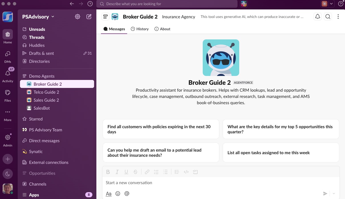 Broker Guide running inside Slack, ready to help with CRM lookups, lead lifecycle, case management, and AMS book-of-business queries.