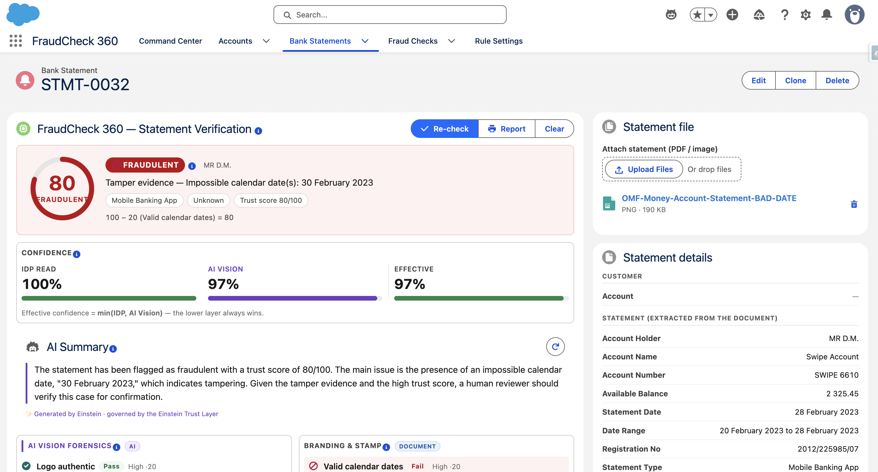 FraudCheck 360 statement verification screen in Salesforce showing a FRAUDULENT verdict with an 80/100 trust score, IDP 100% / AI Vision 97% / Effective 97% confidence layers, and an AI summary explaining the impossible calendar date.