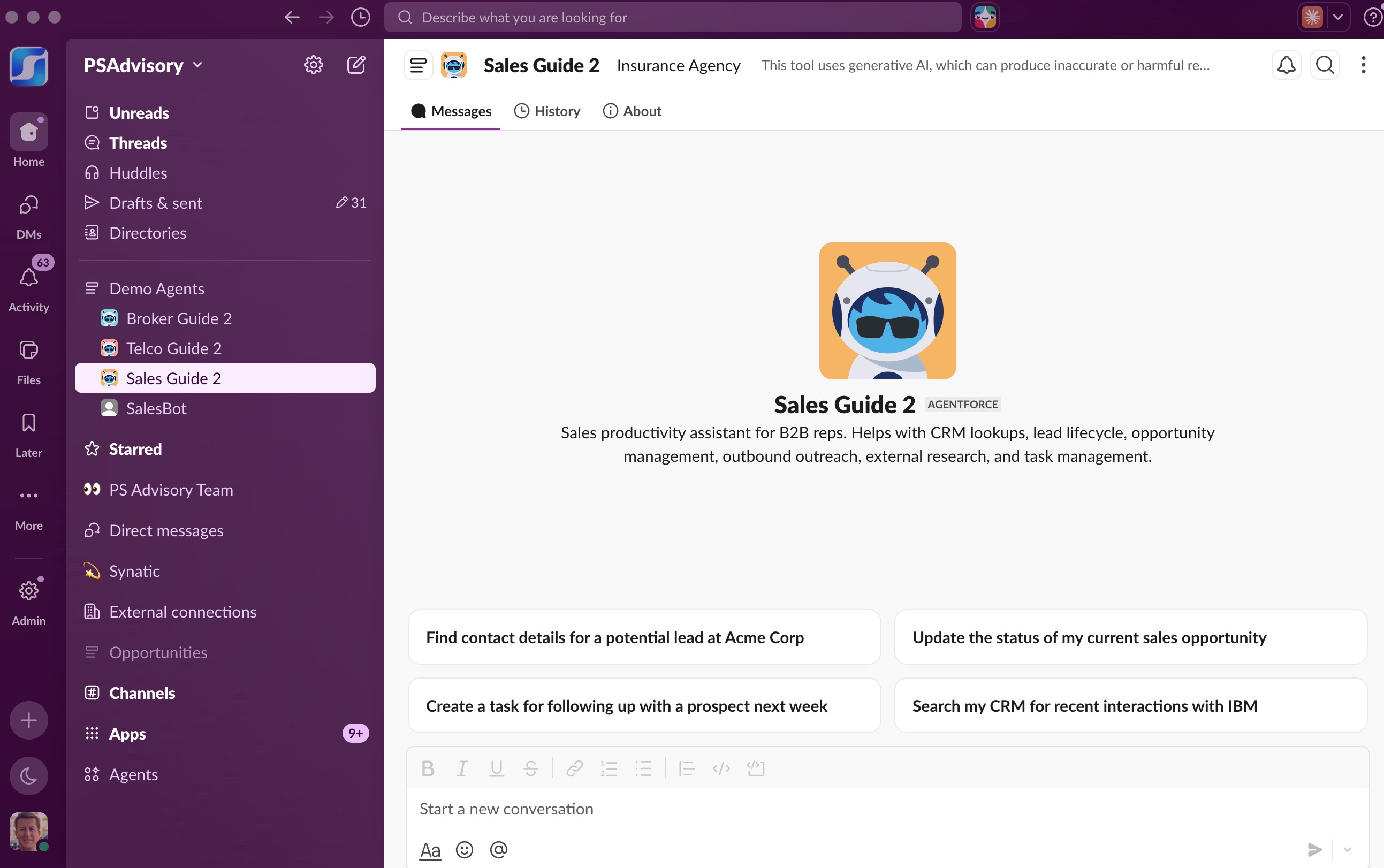 Sales Guide running inside Slack, ready to help with finding contacts, updating opportunities, creating follow-up tasks, and searching the CRM.