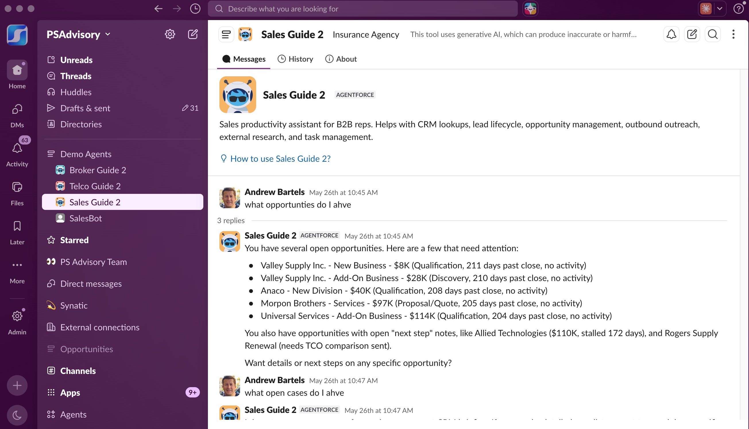 Sales Guide answering 'what opportunities do I have' inside a Slack thread, listing open opportunities with stage, amount, and next steps.